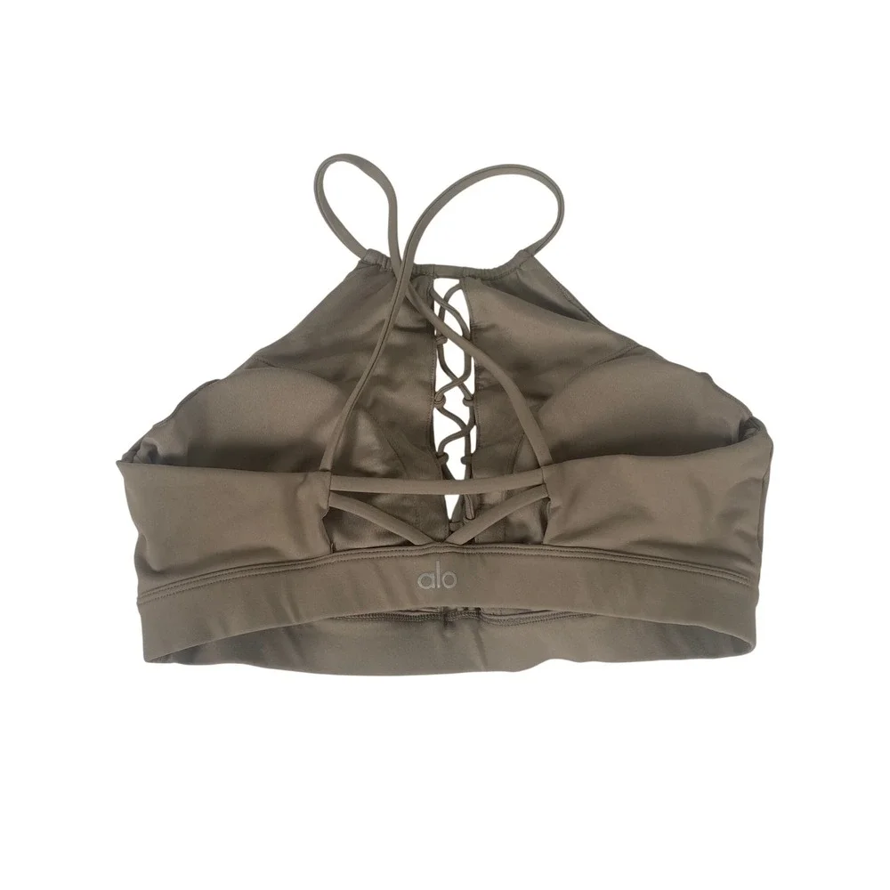 Alo Yoga Womens High Neck Lace Up‎ Front Strappy Back Sports Bra Taupe Athletic